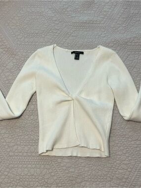 Forever 21 White Twist-Front Ribbed V-Neck Sweater